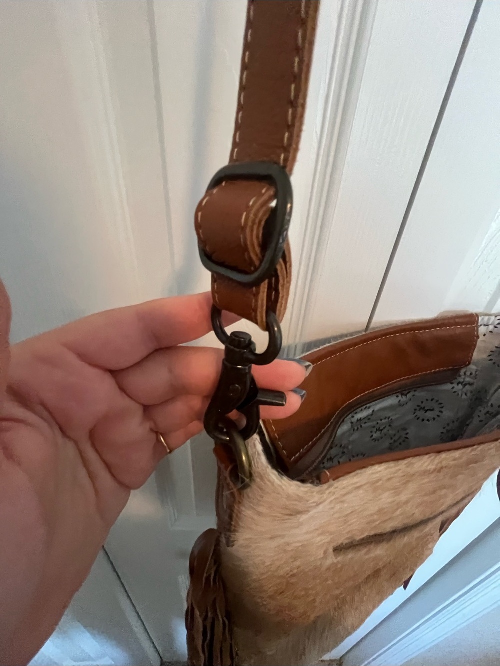 Myra Bag Brown Hair-on-Hide Crossbody with Tooled Leather Panel and Fringe - Picture 11 of 12